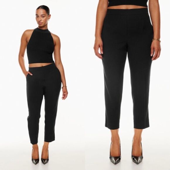 Aritzia Babaton Conan Black Pants Ankle Crop Elastic Waist Stripes White Size 2 - Picture 1 of 11